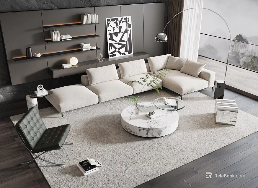 Modern Beige Sofa Coffee Table Set With Marble Table Green Accent Chair And Grey Wall 3d model