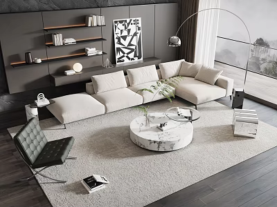 Modern Beige Sofa Coffee Table Set With Marble Table Green Accent Chair And Grey Wall 3d model