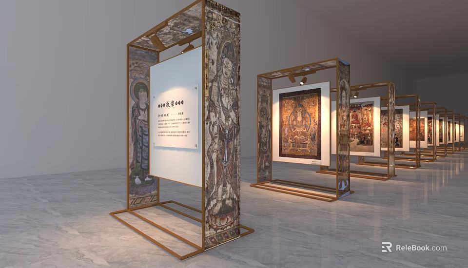 Figure Paintings Displayed In Exhibition Hall Stands With Decorative Pillars And Information Panels 3d model 