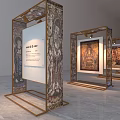 Figure Paintings Displayed In Exhibition Hall Stands With Decorative Pillars And Information Panels