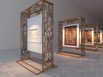 Figure Paintings Displayed In Exhibition Hall Stands With Decorative Pillars And Information Panels 3d model