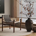 Modern Living Room Interior With Wooden Chair Woven Cushion Large Vase TV And Rug