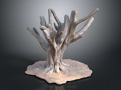 Natural Wood And Stone Tree Stump Sculpture With Textured Base And Branch Details 3d model