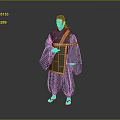 Game Movie Character In Traditional Dark Blue Robe With Green Yellow Accents Holding Scroll Barefoot