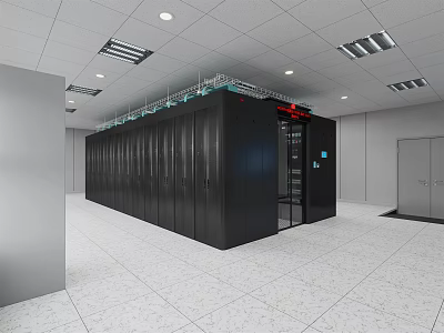 Data Center Room Interior With Rows Of Black Server Racks And Ceiling Lights 3d model