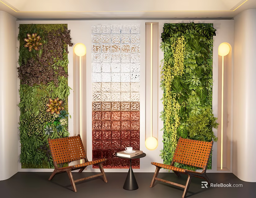 Floral Display Design With Green Plant Walls Decorative Wall Wooden Chairs Table And Soft Lighting 3d model 