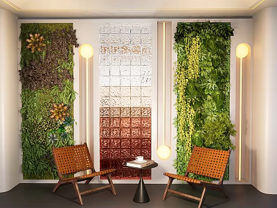 Floral Display Design With Green Plant Walls Decorative Wall Wooden Chairs Table And Soft Lighting 3d model