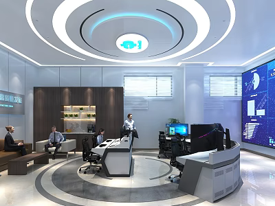 Modern Control Room With Staff Monitoring Data Charts On Large Screen And Control Desk 3d model