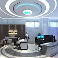 Modern Control Room With Staff Monitoring Data Charts On Large Screen And Control Desk