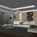 Modern Living Room Interior With Wooden Shelves Sofa Coffee Table Area Rug And Window Blinds
