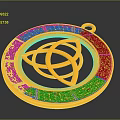 Golden Circular Decorative Pendant With Intricate Intertwined Rings Pattern and Ornate Patterned Border Design 3d model