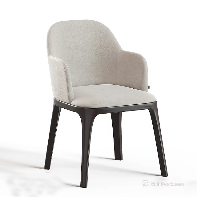 Light Beige Upholstered Modern Dining Chair With Armrest And Dark Wooden Legs 3d model 
