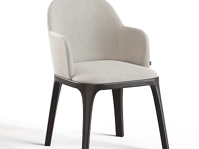 Light Beige Upholstered Modern Dining Chair With Armrest And Dark Wooden Legs 3d model