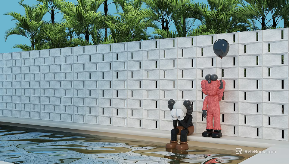 Garden Landscape With White Brick Wall Sculptures Palm Trees And Pool Water 3d model 