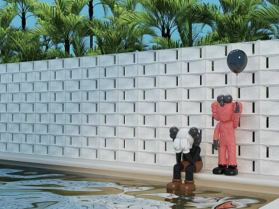 Garden Landscape With White Brick Wall Sculptures Palm Trees And Pool Water 3d model