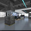 Modern Tech Style Interior Space With Concrete Pillar Display Screens And Fitness Equipment