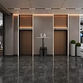 Modern Reception Desk With Company Logo And White Marble Counter On Wooden Textured Wall