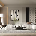 Modern Minimalist Living Room Features White Sectional Sofa Abstract Art And Black Round Coffee Table