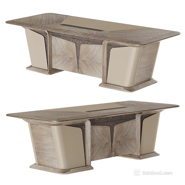 Modern Office Desk With Wooden Panel And Geometric Light Colored Legs Design 3d model 