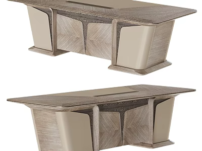 Modern Office Desk With Wooden Panel And Geometric Light Colored Legs Design 3d model