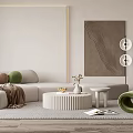 Modern Living Room Interior With White Sofa Green Chair Round Coffee Table And Wall Artwork
