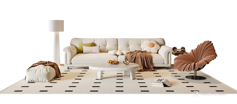 Modern White Sofa and Coffee Table Set With Green Striped Flower Pillows and Fruits Vase 3d model 