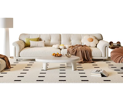 Modern White Sofa and Coffee Table Set With Green Striped Flower Pillows and Fruits Vase 3d model