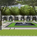 Modern Garden Landscape with Water Pool Reflection Columns and Lush Greenery 3d model