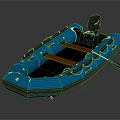 Blue Inflatable Boat With Black Outboard Motor Orange Wooden Seats And Paddle