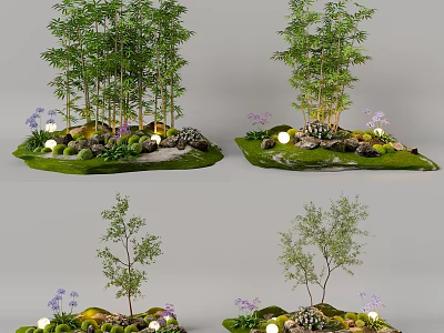 Decorative Plant Combinations With Bamboo Small Trees Purple Flowers Small Lights Stones And Green Moss 3d model