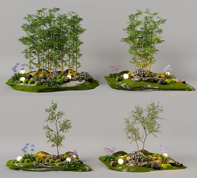 Decorative Plant Combinations With Bamboo Small Trees Purple Flowers Small Lights Stones And Green Moss 3d model
