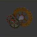 Mechanical Gear Combination With Large Orange And Small Dark Metallic Gears On Gray Background