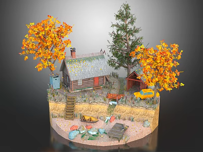 Cartoon Scene With Wooden Cabin Thatched Roof Red Door Yellow Truck And Orange Leaf Trees 3d model