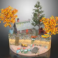 Cartoon Scene With Wooden Cabin Thatched Roof Red Door Yellow Truck And Orange Leaf Trees