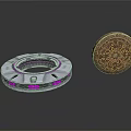Two Decorative Components Silver Ring With Purple Glow And Golden Circular Patterned Element