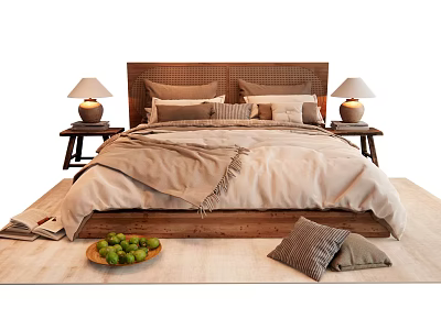 Cozy Double Bed Interior With Wooden Headboard Pillows Blanket Bedside Tables Lamps And Rug 3d model