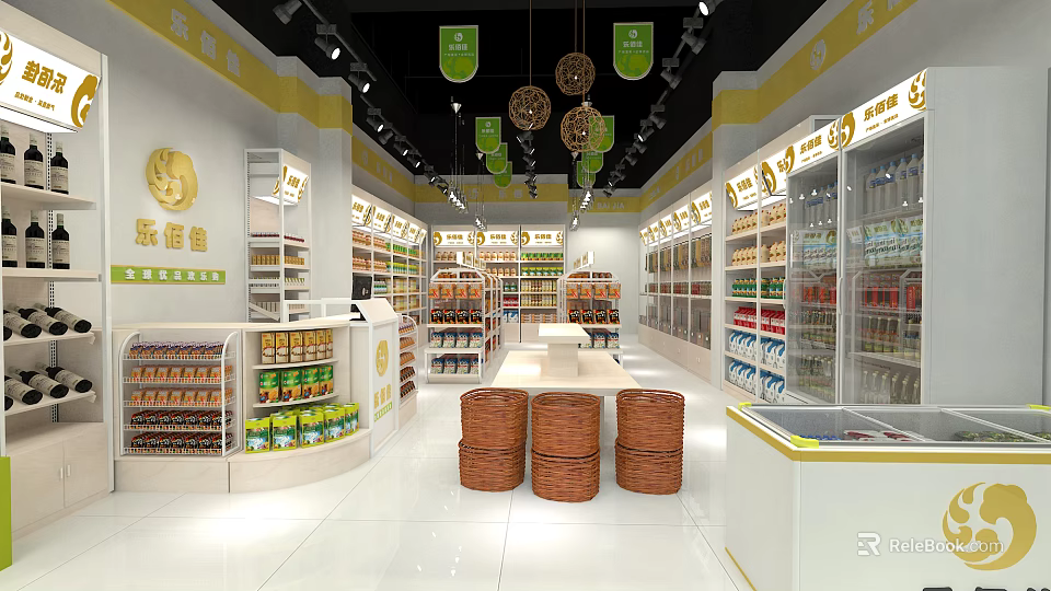 Supermarket Department Store Interior With Shelves Products Hanging Lights And Wicker Baskets 3d model 