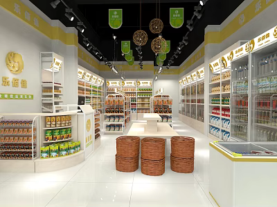 Supermarket Department Store Interior With Shelves Products Hanging Lights And Wicker Baskets 3d model