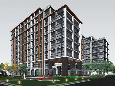 Modern Multi Story Building Exterior With Large Glass Windows Surrounding Greenery And Lawn Area 3d model