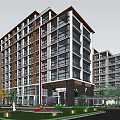 Modern Multi Story Building Exterior With Large Glass Windows Surrounding Greenery And Lawn Area