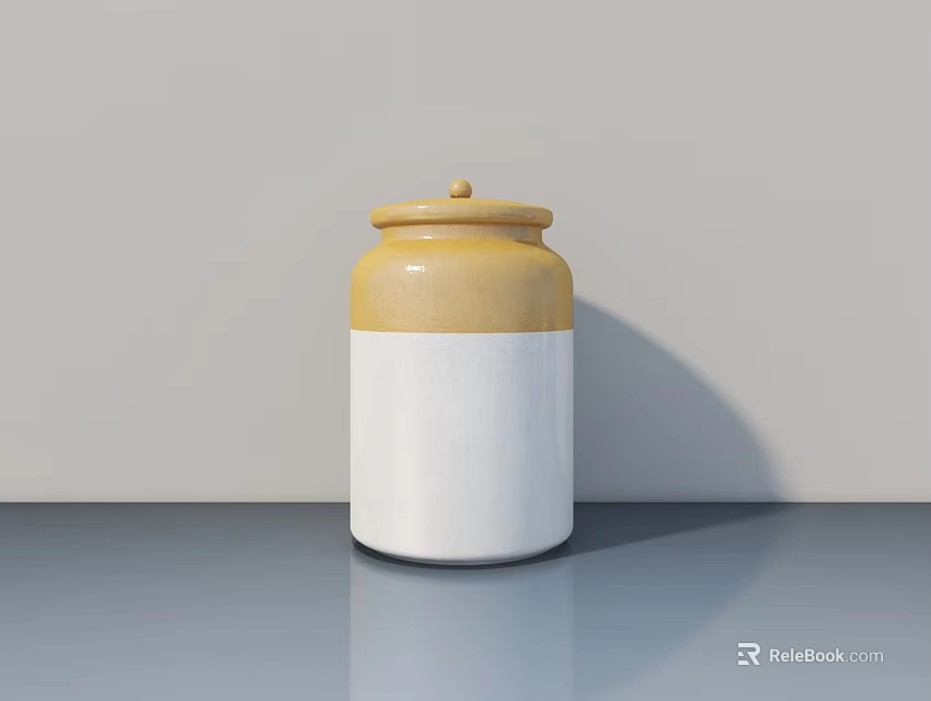 Yellow and White Ceramic Jar With Lid on Gray Surface Against Light Background 3d model 