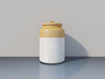 Yellow and White Ceramic Jar With Lid on Gray Surface Against Light Background 3d model