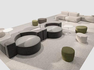Modern Sofa Set With Gray Beige Upholstery Green Stools And White Side Tables 3d model