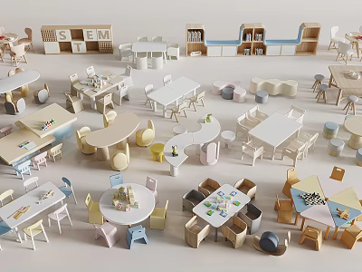Kids Activity Tables with Various Shapes Colorful Chairs and Storage Cabinets 3d model