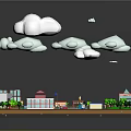 Cartoon City Scene With Streets Buildings Park Areas Green Trees And Floating Clouds