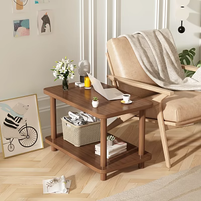 Modern Walnut Two Tier Side Table With Vase Coffee Cup Storage Basket Books And Accent Chair 3d model
