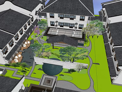 Traditional Chinese Style Hotel Building Featuring Serene Courtyard Pond And Landscaped Greenery 3d model
