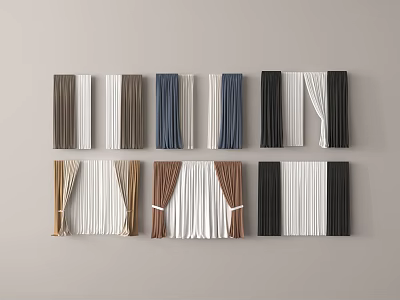 Various Colored Curtains In Different Styles With Tied Design Arranged On Wall 3d model