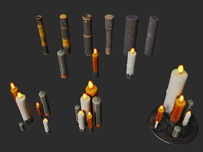 Various Colored Lit Candles In Different Sizes Shapes And Decorative Holders 3d model
