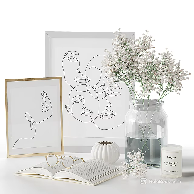 Minimalist Decorative Ornaments Set With Line Art Frames Glass Vase White Flowers And Candle 3d model 